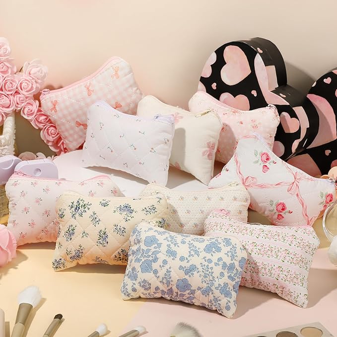 Paterr 10 Pcs Quilted Makeup Bag Bulk Cotton Floral Cosmetic Bag Women Girls Bridesmaid Gifts Cute Makeup Pouch Coquette Aesthetic Travel Toiletry Organizer(Bow Floral,6.30 x 3.94 Inches)