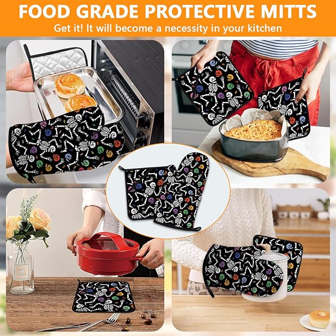 Skeleton Oven Mitts and Pot Holders Sets 4Pcs,Extra Long Oven Gloves Potholder for Kitchen Cooking Baking BBQ 100% Cotton Heat Resistant