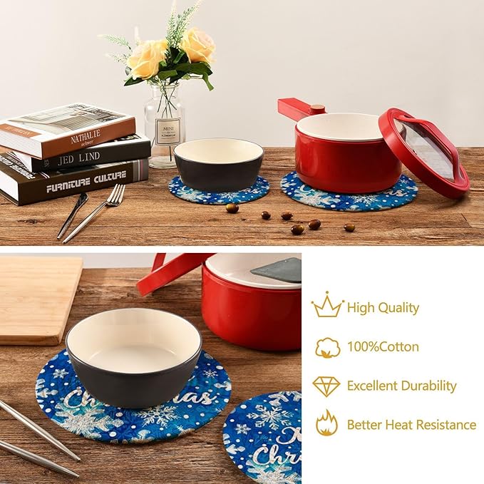 Boccsty Blue Snowflakes Pattern Trivet Mat 2PCS Christmas Round Woven Potholders Kitchen Table Countertop Protector Hot Pads Farmhouse Coasters Counter Mats for Cooking Baking