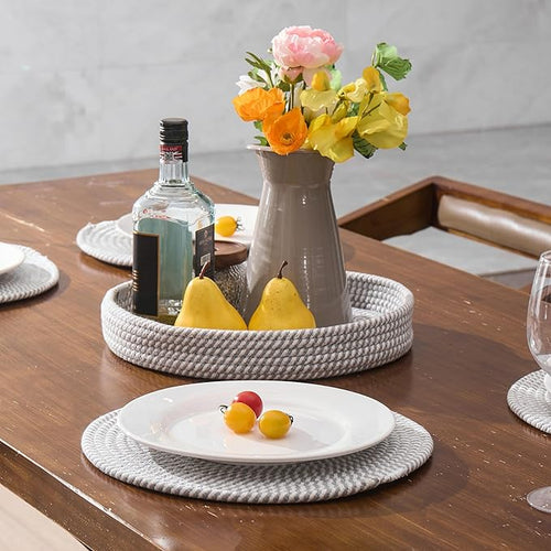 Art PineCone's Woven Cotton Rope Round Placemats Set of 4 with Holder Included, Non-Slip, and Heat Resistant Shabby Chic Placemats (Gray & White Mélange, 13 inch)