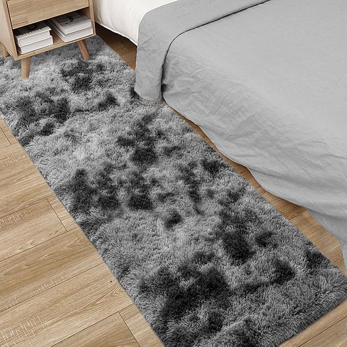 2x6 Fluffy Soft Runner Rug for Bedroom Living Room, Dark Grey and Black Carpet Runners for Hallways Non-Slip Shaggy Bedside Long Rug, Fuzzy Shag Bedroom Runner for Kids Room Dorm Nursery