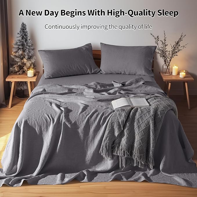 LBRO2M 100% Linen Sheet Set 24" Deep Pocket King Size,Bed Sheets 4 Piece Sets,Solid Color Natural Flax Bed Sheets Soft Breathable Bedding, All Season (King, Dark Grey)