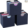 HOONEX Collapsible Storage Bins, 12x12x12in Storage Cubes Linen Fabric, 3 Pack, Storage Baskets with Wooden Carry Handles and Sturdy Heavy Cardboard, for Home, Office, Car, Nursery, Blue