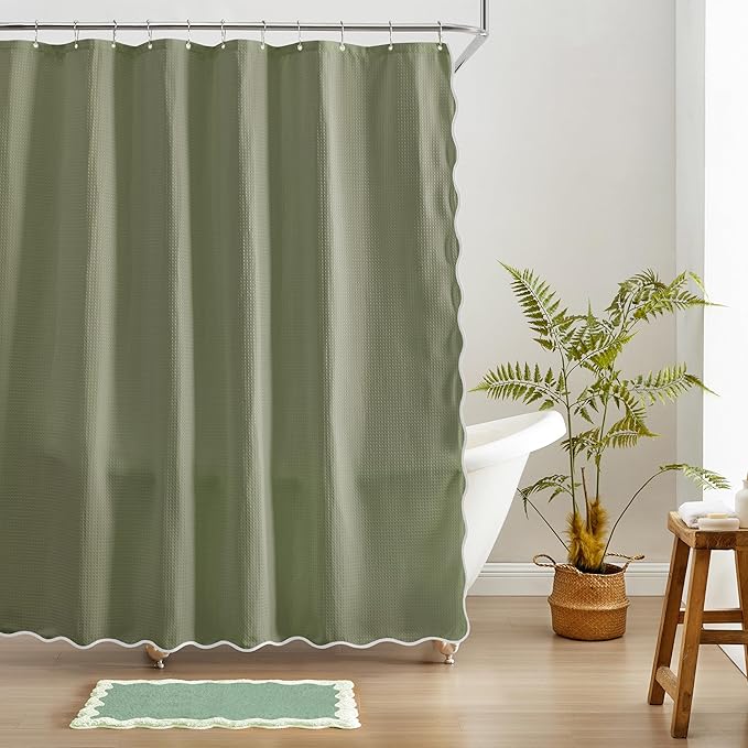 MONDAY MOOSE Scalloped Waffle Weave Shower Curtain with Rustproof Metal Grommet Holes for Bathroom, Machine Washable, Hooks Included (72x72 inch, White/Sage)
