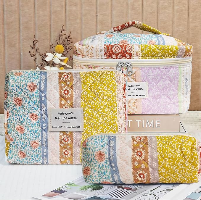 Cozomga Quilted Makeup Bag, Large Capacity Travel Cosmetic Bag for Women and Girls, Aesthetic Storage for Daily and Travel Use (3pcs-EthnicStyle)