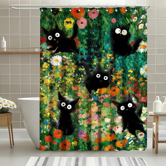 mutakin Funny Cats Shower Curtain Boho Vintage Flowers Shower Curtains for Bathroom Waterproof Fabric Bath Curtain Decor with Hooks