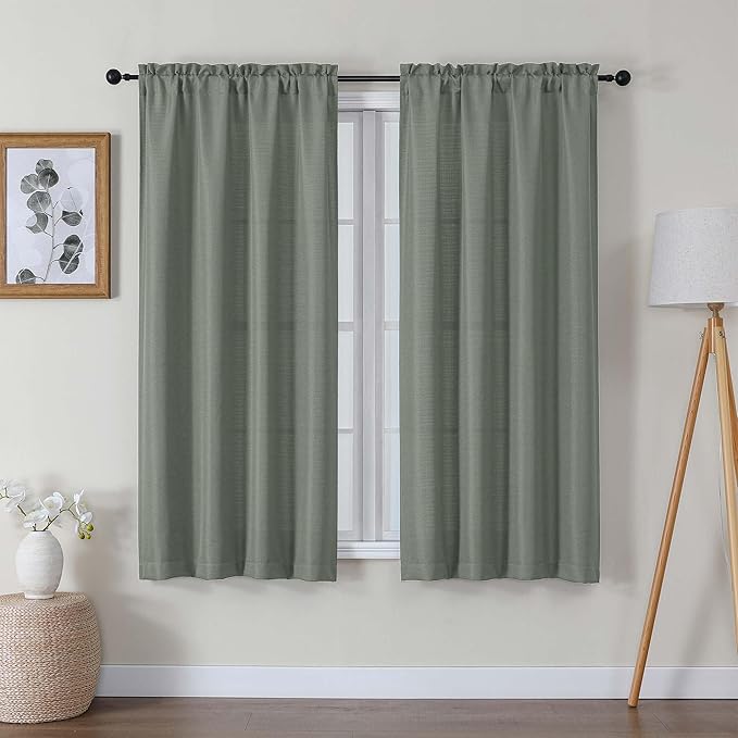 Lecloud Bessie Olive Green Curtains 63 Inch Length 2 Panels, Light Filtering Curtains for Bedroom, Faux Linen Textured Rod Pocket Curtain Drapes, Window Treatments for Living Room, Each 40 W x 63 L