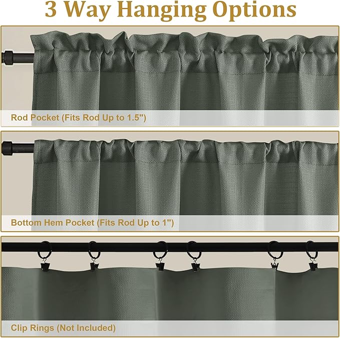 Lecloud Bessie Olive Green Kitchen Curtains 30 Inch Length 2 Pcs, Light Filtering Cafe Short Curtain Tiers, Dual Rod Pocket Window Treatments for Bedroom Basement Bathroom, Each 30 W x 30 L