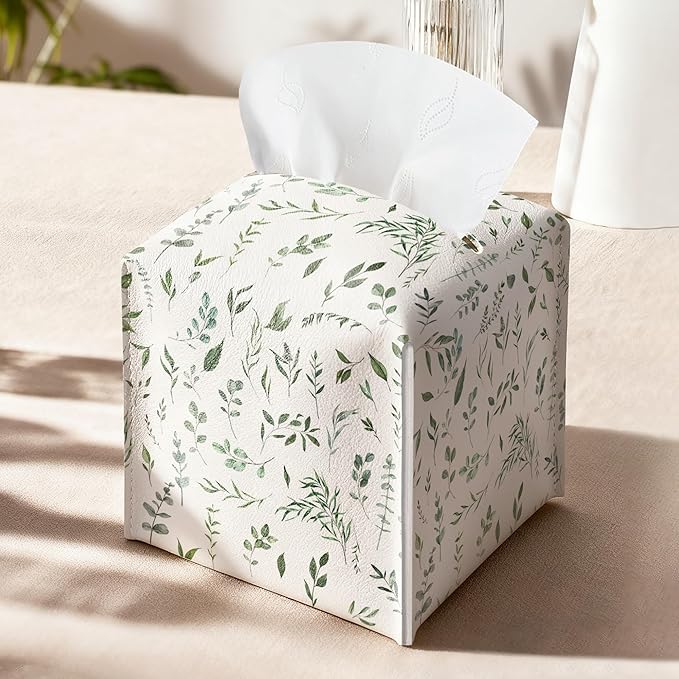 Sage Green Tissue Box Holder, Modern Leather Tissue Box Cover Square with Bottom Belt, Paper Napkins Everyday Dispenser Accessories for Bathroom Night Stands Kitchen Office Car Home Decor