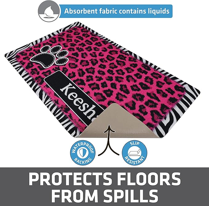 Drymate Personalized Pet Bowl Placemat, Custom Dog & Cat Food Feeding Mat - Absorbent Fabric, Waterproof Backing - Machine Washable/Durable (USA Made) (12" x 20") (Leopard Zebra Pink)