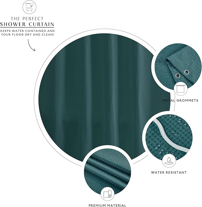 MONDAY MOOSE Scalloped Waffle Weave Shower Curtain with Rustproof Metal Grommet Holes for Bathroom, Machine Washable, Hooks Included (72x72 inch, Light Sage/Dark Teal)