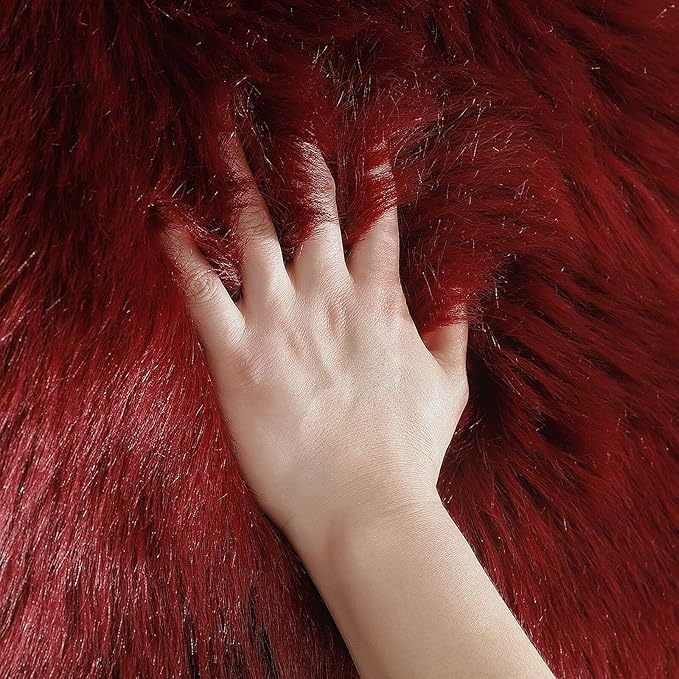 Faux Fur Rug Sheepskin Shag Fluffy Fuzzy Red 4x6 ft Rugs for Bedroom Bedside Bed Floor Living Room Plush High-Density Cushion Carpet Super Sofa Cover