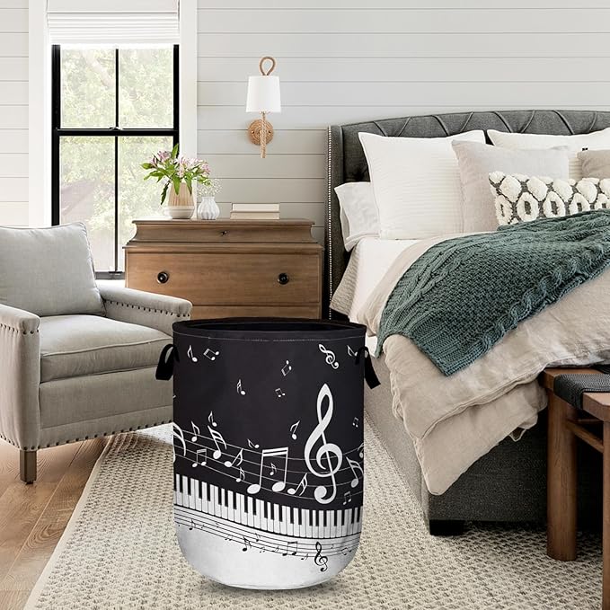 Piano Music Note Laundry Basket with Sturdy Handles, Collapsible Oxford Cloth Laundry Hamper Organizer Basket for Bathroom Bedroom 15.7x20 Inch