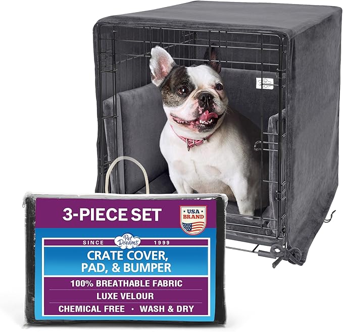 Pet Dreams 3-Piece Set Includes Dog Crate Cover, Dog Mat & Bumper Pad- Washable Kennel Bedding fits iCrate Cages 24, 30, 36, 42 Inch (Grey, Medium, 30")
