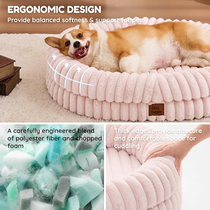 ChiXnuggle Dog Bed Large Sized Dog - Luxury Striped Faux Fur Waterproof Pet Couch with Removable Washable Cover, Orthopedic Pet Bed with Bolster Sides for Sleeping, Pink