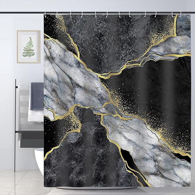Domoku Marble Waterproof Shower Curtain with Hooks, Machine Washable Easy-Care Fabric Bathroom Curtain for Tub or Shower (Black, 72" W x84 L)
