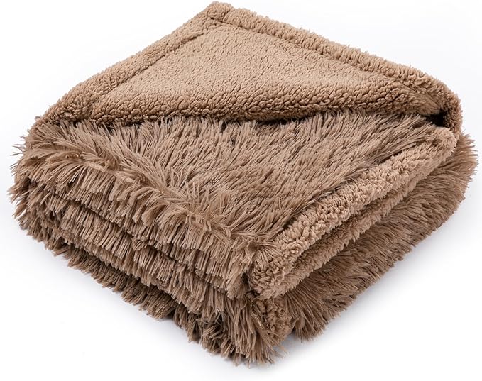 Maidewow Brown Long Faux Fur Calming Dog Blankets for Bed Covers Fluffy Sherpa Fleece Blanket Couch Cover Protection for Big Dogs and Pets(Brown,XL-85x57in)