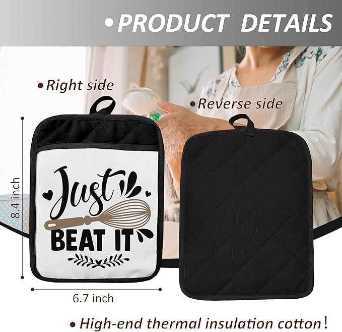 Funny Pot Holders with Pockets, Just Beat It Funny Baking Gifts Pot Holders Heat Resistant Oven Mitts Hot Pads for Kitchen Baking Cooking, Gifts for Baker,Potholders for Kitchens