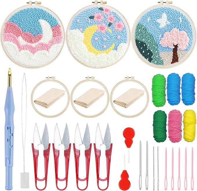Woohome Punch Needle Kit Included Plastic Hoops, Punch Needle Cloth, Color Yarn and Punch Needle Tools for Adults, Beginners (Moon and Trees)