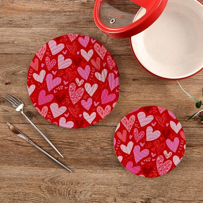 Red Pink Heart Trivet Mat 2PCS Valentine's Day Round Woven Potholders Kitchen Table Countertop Protector Hot Pads Farmhouse Coasters Counter Mats for Cooking Baking