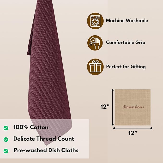 Native Fab Waffle 12 Pack Dish Cloths - 100% Cotton, Absorbent, Quick Dry, Washable Towels for Cleaning, Cooking & Drying Dishes - Perfect for Home, Restaurants, Bars, Cafes - 12"x12" - Burgundy