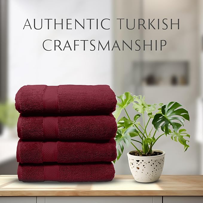 MAURA Wine Red Extra Large Turkish Cotton Luxury Bath Towels Set of 4. Ultra-Soft, Thick & Plush Towels for Bathroom - Burgundy