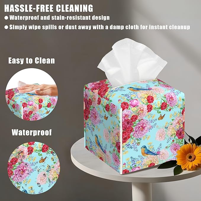 BLYKVGHQ Butterfly Square Tissue Box Cover Blue Bird and Peony Flower Tissue Box Holder Facial Cube Paper Dispenser Leather Decorative Organizer Home Office Desk Decor, 5.2"x5.2"x5.2"