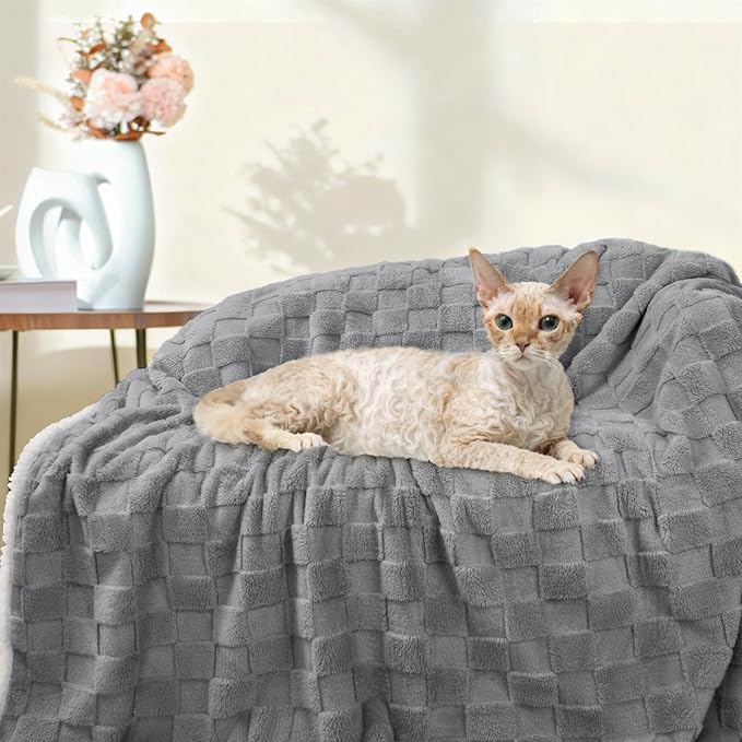 Luciphia Waterproof Dog Blanket for Large Dogs Washable Soft Sherpa Fleece Cat Blankets with 3D Jacquard Cozy Calming Reversible Bed Couch Protector Furniture Protection for Pet,Gray White, 85x57 inch