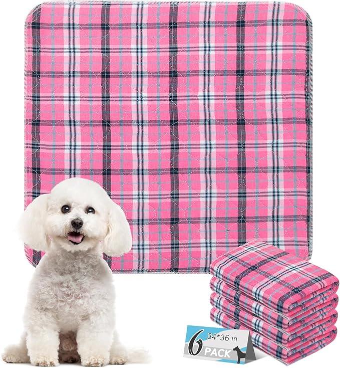 ESGPET Washable Pee Pads for Dogs - 34”x36” 6PCS, Whelping Pad for Puppy Training, Playpen Crate Bed Floor Protector, Reusable Dog Potty Pads Non-Slip, Super Absorbent & Odor Controlling, Pink Plaid