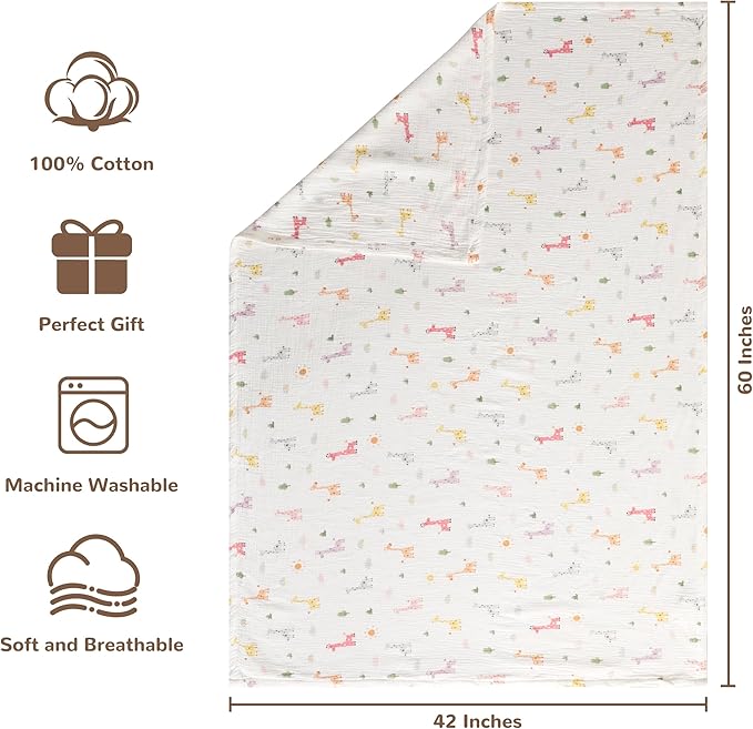 NTBAY 2 Layer Muslin Cotton Baby Swaddle Blanket, 42x60 Soft and Breathable Receiving for Newborns and Infants, Perfect for Crib, Stroller, Travel, Lightweight Nursery Blanket, Cartoon Giraffe