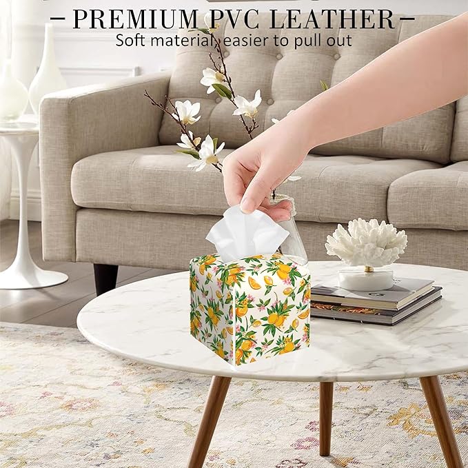 POIUBLE Tissue Box Holder Orange Fruit Floral Tissue Box Cover Square Leather Tissue Holder Organizer Portable Decorative Facial Paper Case for Home Office Bathroom Vanity Countertop