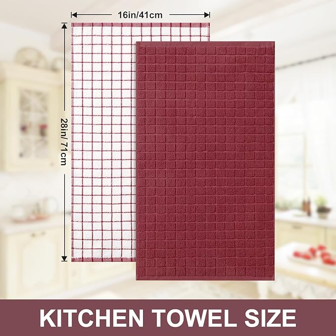 Homaxy Premium Cotton Kitchen Towels 16"x 28", Large Natural Ring Spun 390 GSM Dish Towels, Super Absorbent Terry Kitchen Hand Towels, Soft Tea Towels with Hanging Loop, Red Check Design,8 Pack