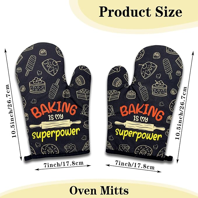 2 Pack Funny Baking Oven Mitts for Women, Baking is My Superpower, Heat Resistant Silicone Non-Slip Mitts, Hostess Gifts for Mom Wife Sister, Housewarming Gifts for Chef Friend Bake Lovers
