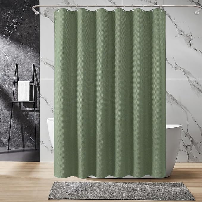 Inhousolu Fabric Shower Curtain Waffle Weave, Sage Green 230 GSM Heavy Duty, Weighted Hem, 12 Metal Hooks, Water Repellent, Machine Washable, Hotel Spa Luxury Bath Curtain Set, 60 x 72 Inch