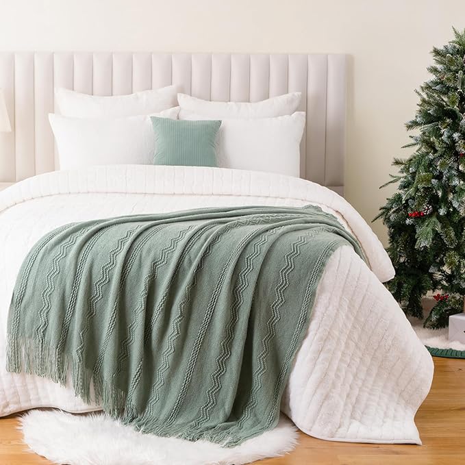 BATTILO HOME Sage Green Throw Blanket for Couch, Sage Green Decor, Knit Throw Blankets for Bed, Spring Throw Blanket Light Blue, 50"x60"