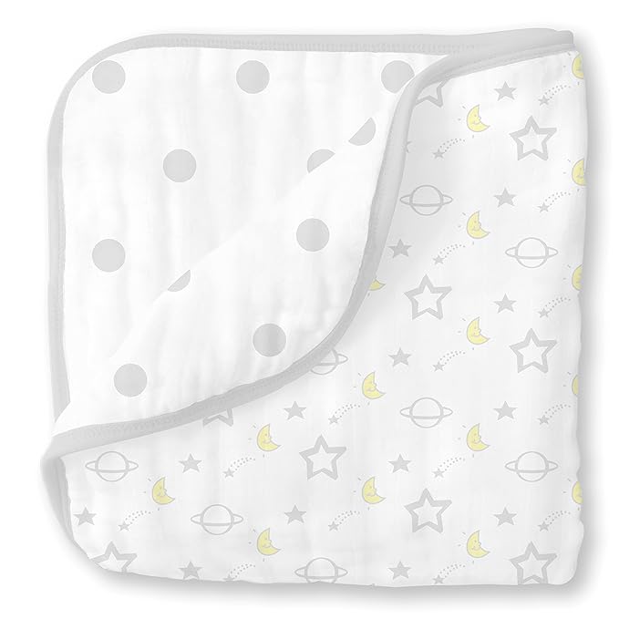 SwaddleDesigns 4-Layer Cotton Muslin Luxe Blanket, Baby and Toddler Cuddle and Dream, 46x46 inches, Sterling Goodnight and Dots