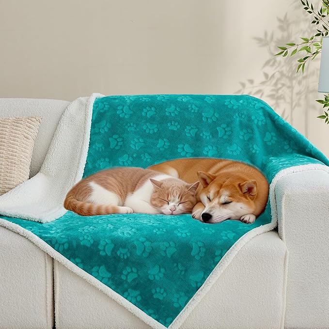 Qeils Pet Blankets for Cats - Waterproof Cat Blanket Washable - Sherpa Fleece Puppy Blanket, Soft Plush Reversible Throw Protector for Bed Couch Car Sofa, 50"X60", Teal