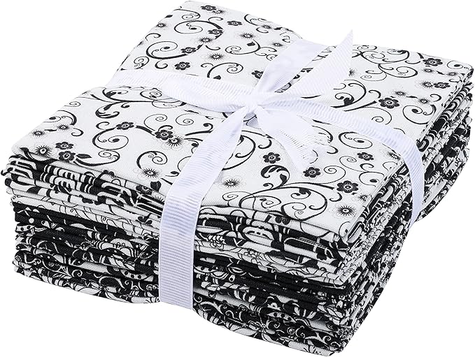 Craftido -25 Options- 100% Cotton Quilting Fabric Bundles 10pcs Fat Quarters 18”x21”-Medium Weight 5.2 oz- Soft Cotton for Quilting, Sewing Project, Patchwork, DIY Crafts - Black & White Flower