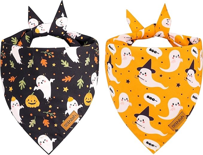 THLOH Halloween Dog Bandanas - 2 Pack Fall Dog Bibs | Reversible Pumpkin and Ghost Pet Scarf for Boys and Girls | Premium Durable Fabric | Boo Dog Bandana for Medium and Large Dogs (Large)