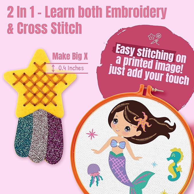CRAFTILOO 2 in1 Cross Stitch & Embroidery Kit for Kids Ages 6+ Make 8 Projects Backpack Charms, Keyring, Doll, Wall Art, Unicorn Pillow & Card Holder Beginner Needlepoint & Creative Gift Set