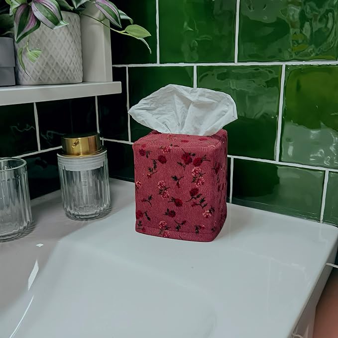 Fabric Tissue Box Cover Square, Vintage Floral Print Corduroy Tissue Holder, Bouquet Wrapping Bag 4.4"X4.4"X5.1", Burgundy