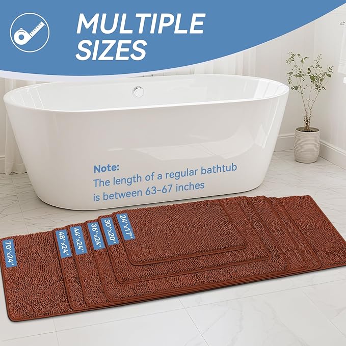 Bcoimo 70"×24" Absorbent Bath Mat, Non-Slip with Backing Chenille Bath Rug and Machine Washable Bathroom Mat Quick-Dry Design. Ideal for Bathroom and Tub Areas