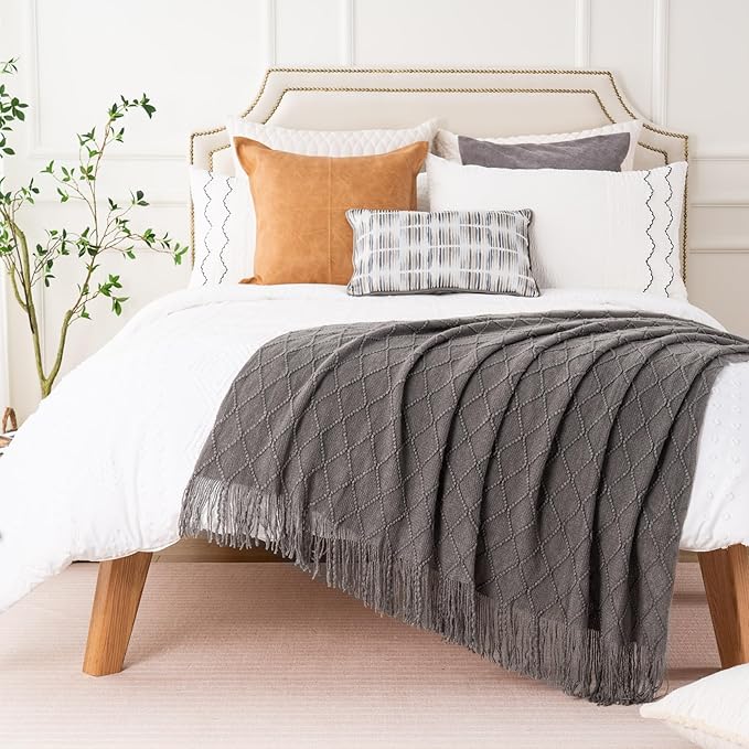 BATTILO HOME Dark Grey Throw Blanket for Couch, Solid Boho Throw Blanket for Home Decor, Bed Throws for Foot of Bed, 50"x60"