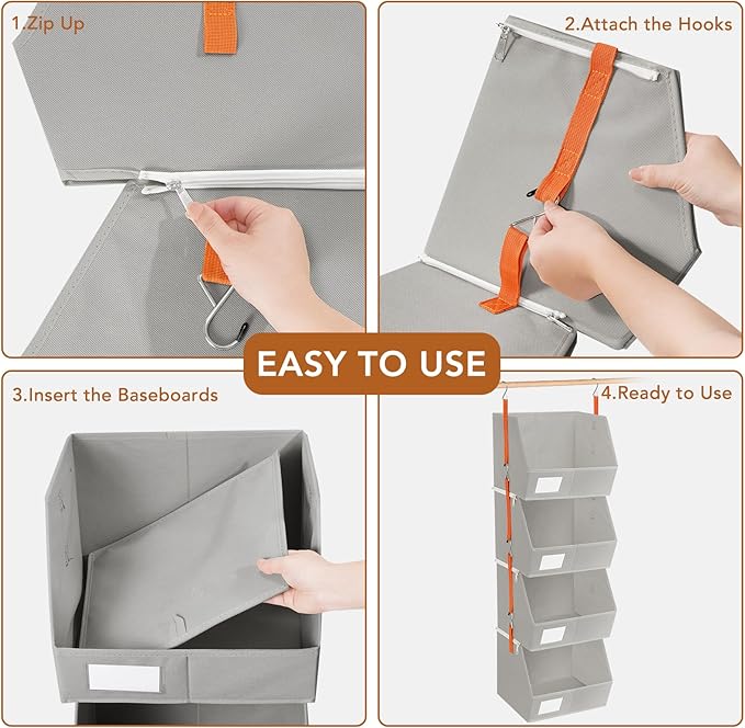 Baesyhom 4 Pcs Modular Closet Organizer - Detachable & Foldable Hanging Storage Cubes, 88L Total Capacity, Heavy Duty Fabric Shelves for Wardrobe, Closet Organization, RV, Dorm, Grey