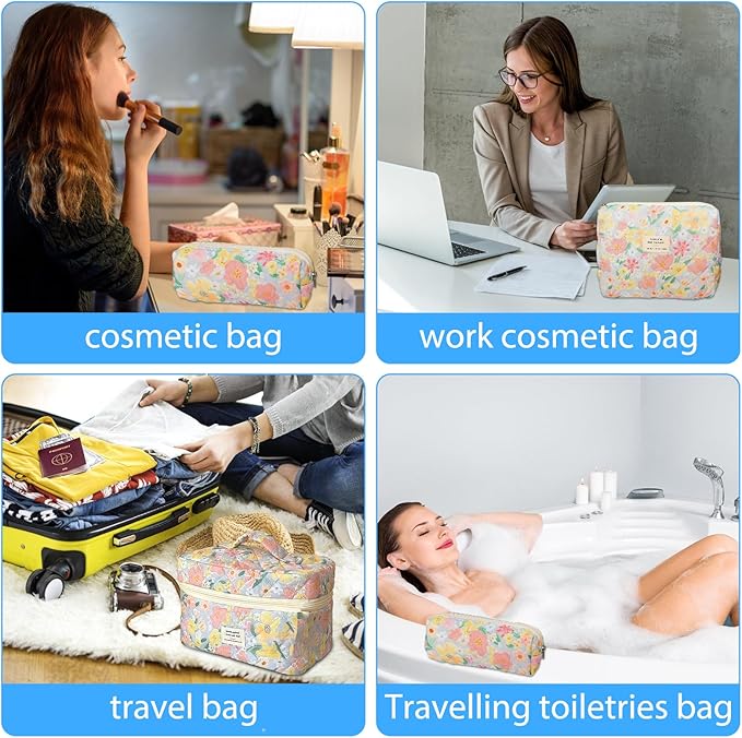 Cozomga Quilted Makeup Bag, Large Capacity Travel Cosmetic Bag for Women and Girls, Aesthetic Storage for Daily and Travel Use (3pcs-floweroilpainting Print)