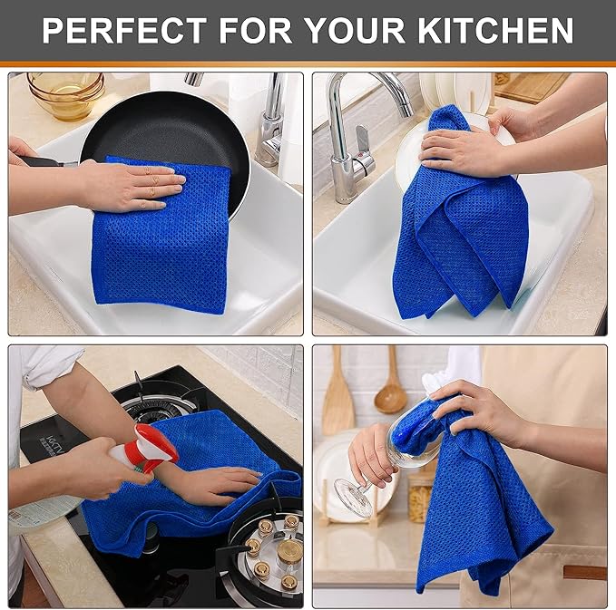 Kitinjoy 100% Cotton Waffle Weave Kitchen Towels, 4-Pack Super Soft and Absorbent Dish Towels for Drying Dishes, Kitchen Hand Towels, 13 in x 28 in, Blueberry