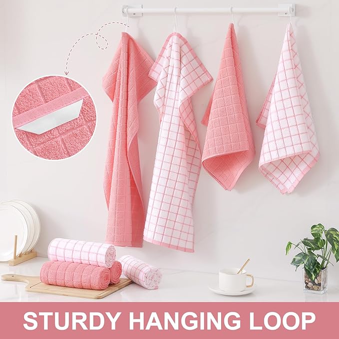 Homaxy Premium Cotton Kitchen Towels 16"x 28", Large Natural Ring Spun 390 GSM Dish Towels, Super Absorbent Terry Kitchen Hand Towels, Soft Tea Towels with Hanging Loop, Pink Check Design, 8 Pack