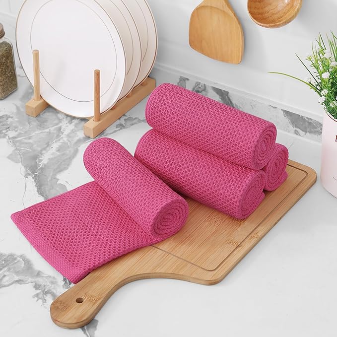 Kitinjoy 100% Cotton Waffle Weave Kitchen Towels, 4-Pack Super Soft and Absorbent Dish Towels for Drying Dishes, Kitchen Hand Towels, 13 in x 28 in, Hot Pink