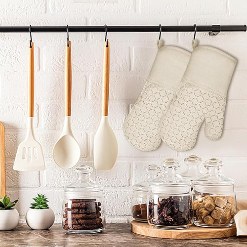 2 Pcs Oven Mitts for Kitchen Heat Resistant Oven Gloves, Soft Cotton Lining, Anti-Slip Silicone Stripe Oven Mitts Heat Resistant Oven Mits, Kitchen Mitt Pair Protect Hands, Cooking Baking Gloves Khaki