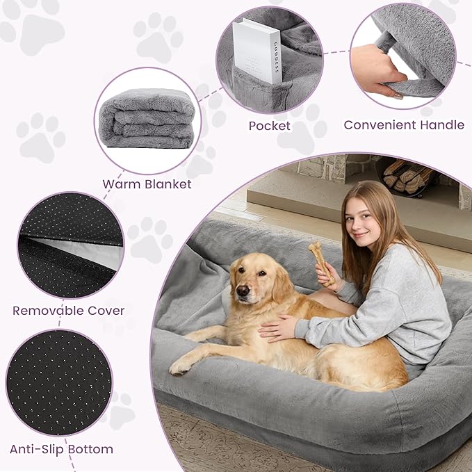 Murago Human Dog Bed for Adults, 43 x 10 x 71 Long Human Size Dog Bed, Removable Cover, Washable, Waterproof, Orthopedic Design Light Grey